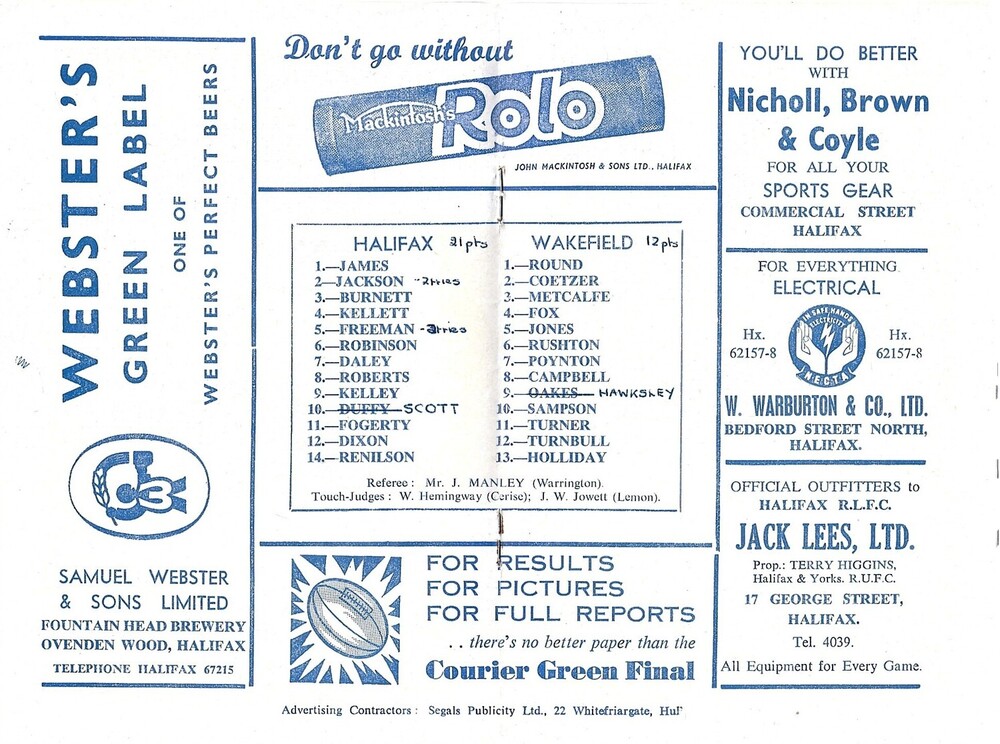 1963/64 Halifax v Wakefield Trinity Rugby League Programme Bob's